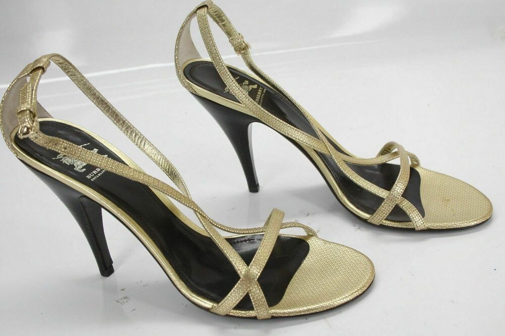 Burberry Gold Check Strappy Leather High Heel Sandals Size 39.5 New $550